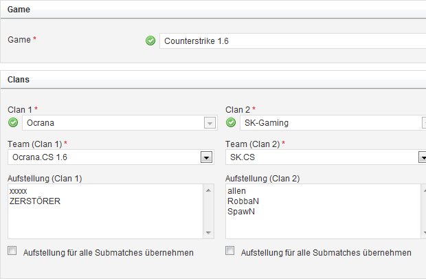 Abbildung: Matches - Spiel und Clans auswählen