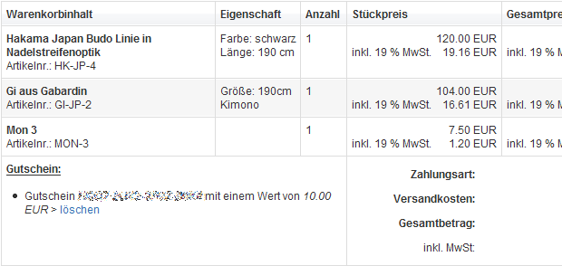 Abbildung: Ausschnitt einer Bestellung